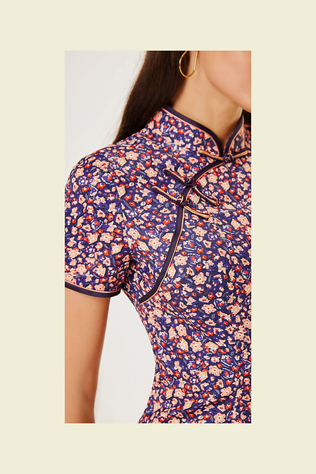 彩色碎花圖案短旗袍  Floral pattern short cheongsam Qipao B-014