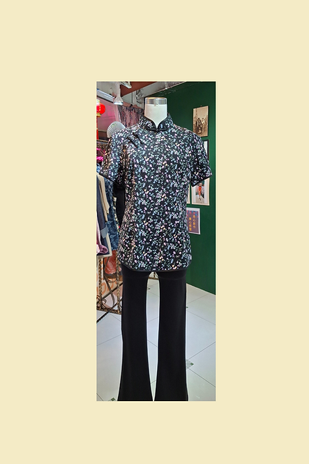 黑色碎花旗袍款上衣 Black floral blossom Qipao Top B-024