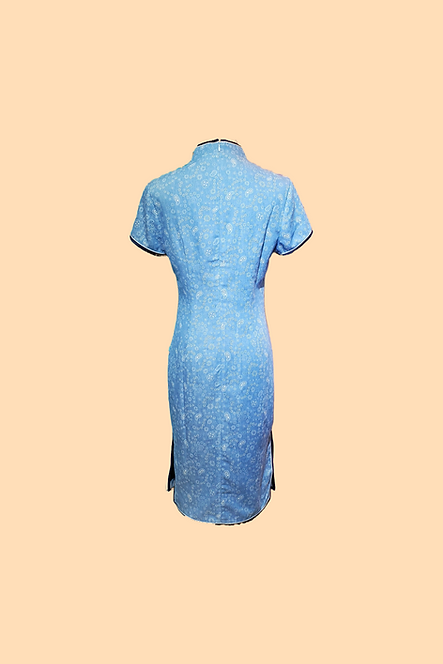 淺藍色牛仔布小花旗袍 Light blue denim flowral cheongsam Qipao V039