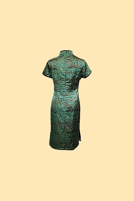 啡綠玫瑰短旗袍 Green and Brown Rose Qipao V046