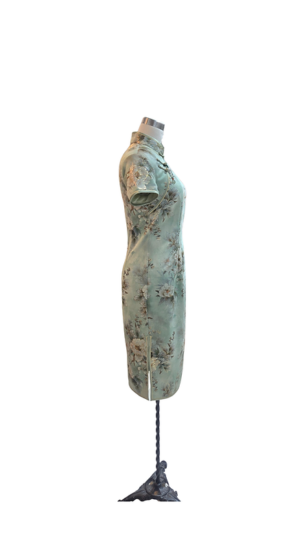 仿皮絨金絲牡丹短旗袍 Faux Suede Golden trim Peony short qipao P-014