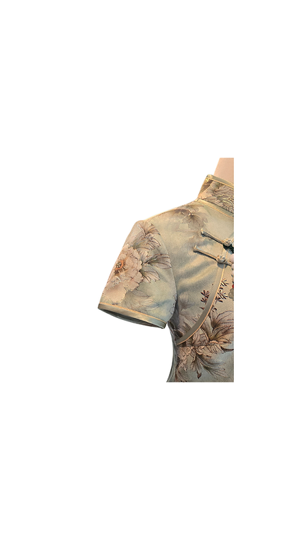 仿皮絨金絲牡丹短旗袍 Faux Suede Golden trim Peony short qipao P-014
