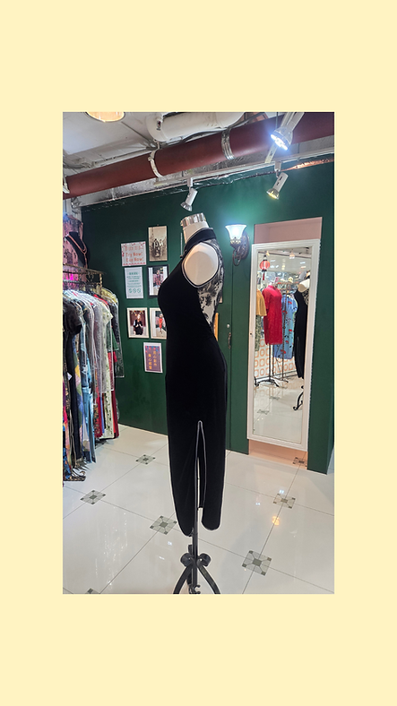 黑色仿絲絨蕾絲露肩長旗袍  Black velvet-textured lace maxi qipao EU-006