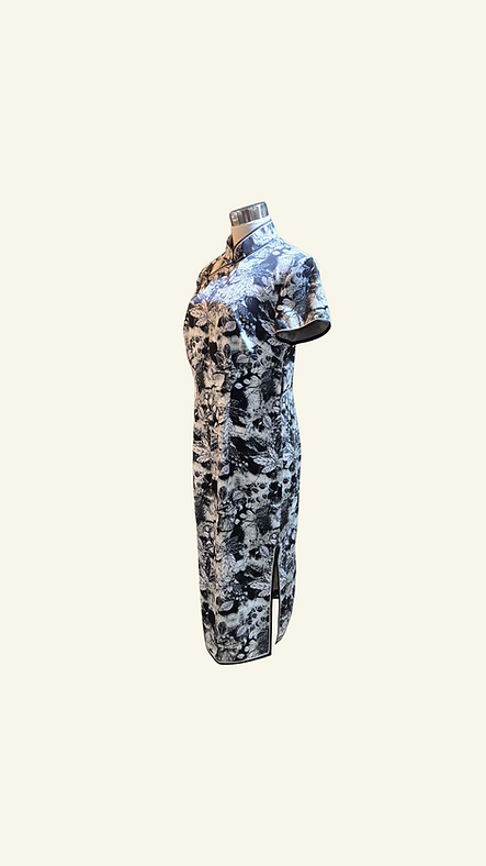 黑白葉影短旗袍 Short Black and White Leaf-Print qipao P-007
