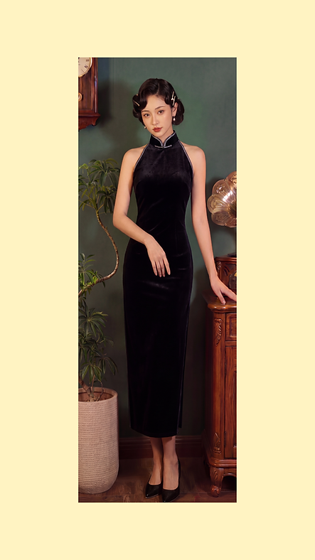 黑色仿絲絨蕾絲露肩長旗袍  Black velvet-textured lace maxi qipao EU-006