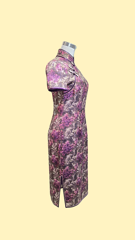 啡色牡丹花短旗袍 Brown short qipao with peony pattern NS-650