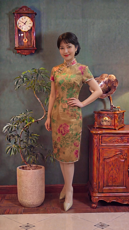 香檳金桃紅牡丹短旗袍 Champagne gold short qipao with fuchsia peonies P-033