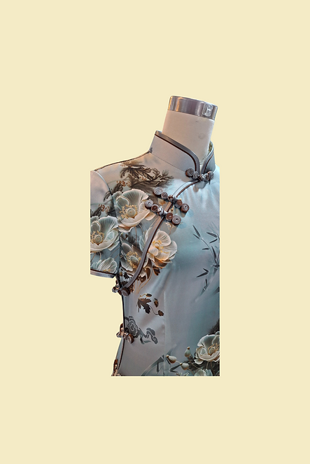 真絲牡丹花長旗袍  Peony pattern Silk cheongsam Qipao B-037