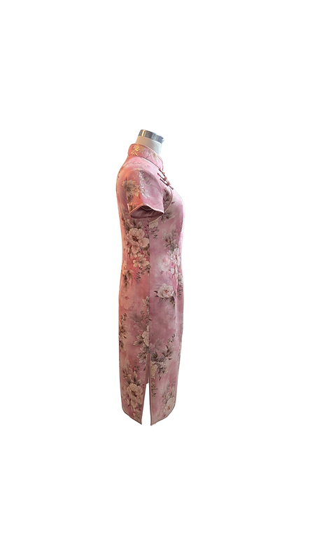 仿皮絨金絲牡丹短旗袍 (粉色) Faux Suede Golden trim Peony short qipao (Pink) P-013