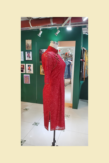 紅色蕾絲中袖短旗袍 Red Lace cheongsam qipao EU-002