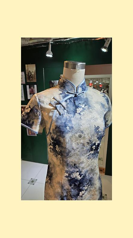 米黑色長旗袍 Beige and Black Floral Long Qipao P-037