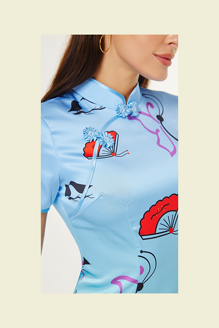 漸變藍色圖案短旗袍   Gradient blue pattern short cheongsam Qipao B-010