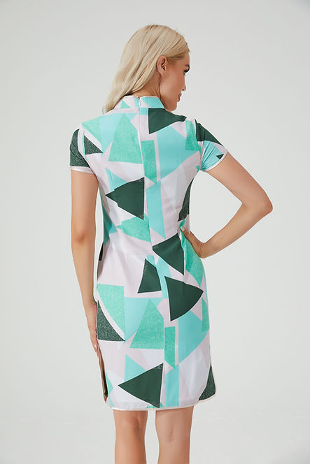 綠白色幾何圖案旗袍  Green and white geometric pattern cheongsam Qipao V015