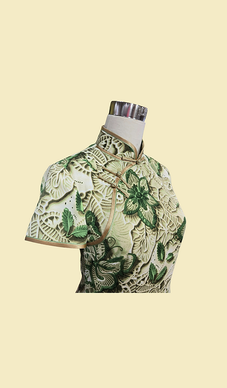 碧葉華裳短旗袍 Emerald Green Leaf short cheongsam qipao P-002