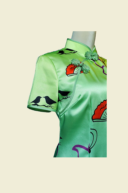 漸變綠色圖案短旗袍   Gradient green pattern short cheongsam Qipao B-012