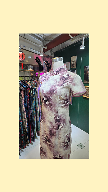 米色淺紫色水墨畫長旗袍 Long beige qipao P-034