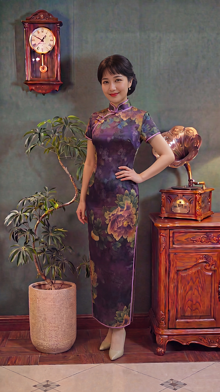 紫色花長旗袍 Purple Floral Long Qipao P-035