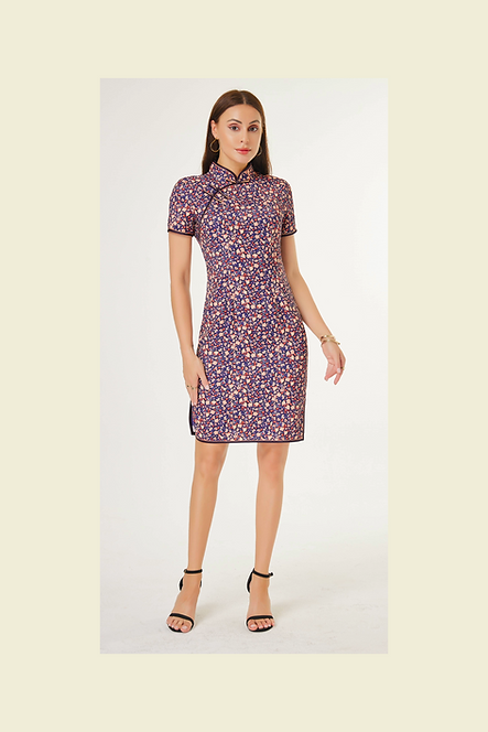 彩色碎花圖案短旗袍  Floral pattern short cheongsam Qipao B-014