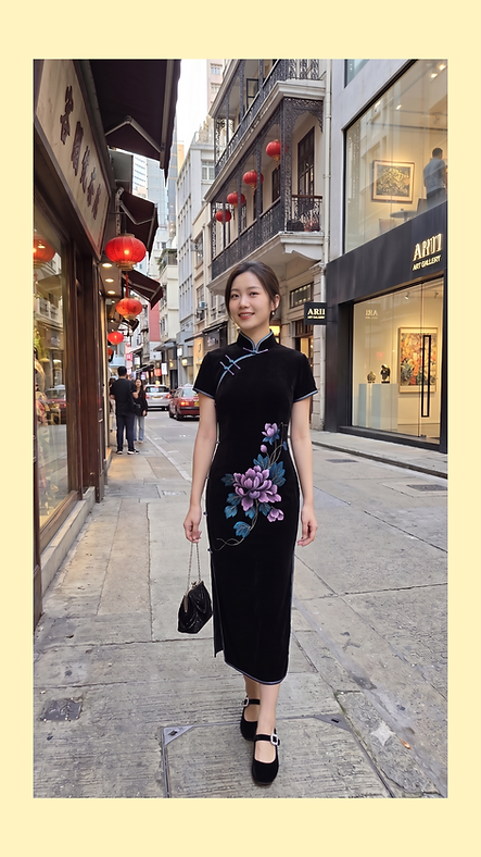 黑色仿絲絨手繪中長旗袍 Black faux velvet hand-painted mid-length cheongsam qipao NS-653