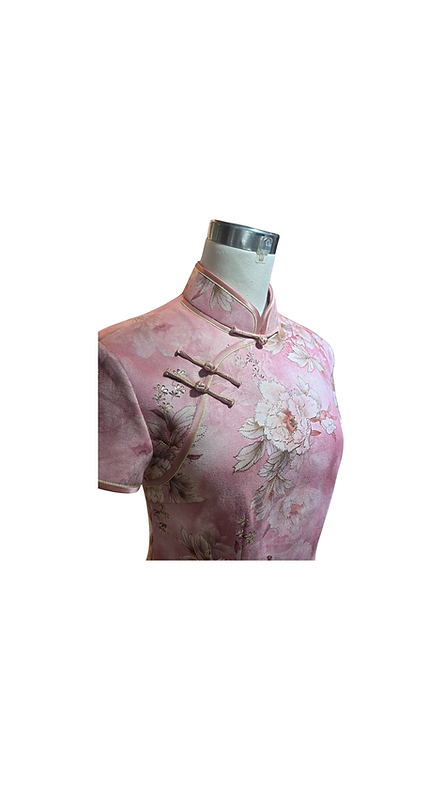 仿皮絨金絲牡丹短旗袍 (粉色) Faux Suede Golden trim Peony short qipao (Pink) P-013