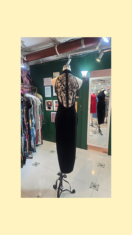 黑色仿絲絨蕾絲露肩長旗袍  Black velvet-textured lace maxi qipao EU-006