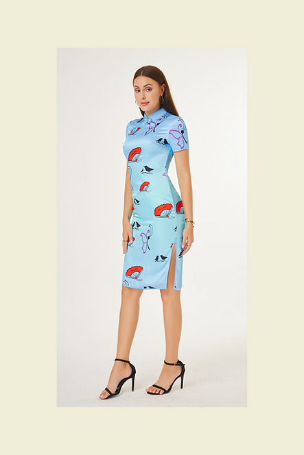 漸變藍色圖案短旗袍   Gradient blue pattern short cheongsam Qipao B-010