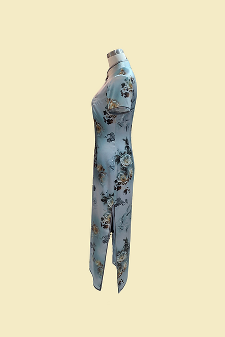 真絲牡丹花長旗袍  Peony pattern Silk cheongsam Qipao B-037