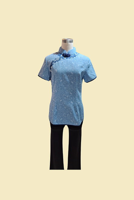 淺藍色小花牛仔拚布上衣  Light blue floral denim patchwork Qipao Top B-034
