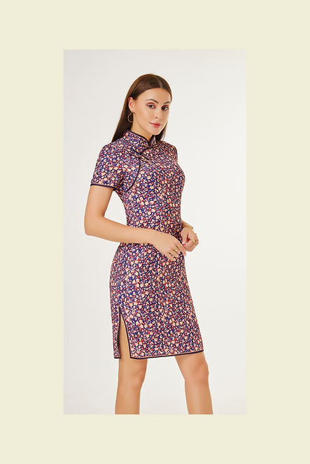 彩色碎花圖案短旗袍  Floral pattern short cheongsam Qipao B-014