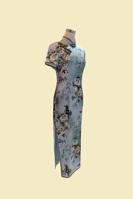 真絲牡丹花長旗袍  Peony pattern Silk cheongsam Qipao B-037