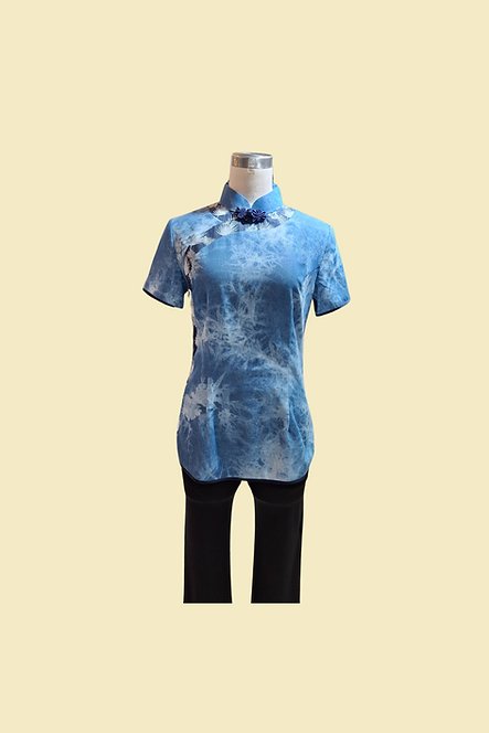 淺藍色扎染拚布上衣  Light blue tie-dye patchwork Qipao Top B-035