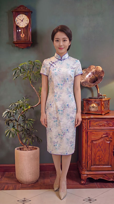 藍色小花短旗袍 Short blue floral qipao P-036