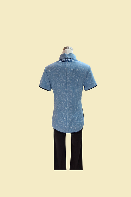 淺藍色小花牛仔拚布上衣  Light blue floral denim patchwork Qipao Top B-034