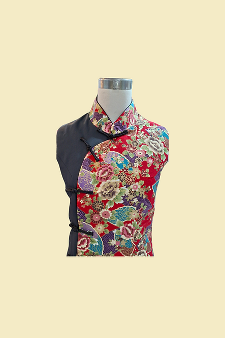 紅牡丹拼布背心 Peony Patchwork Vest in Red L-010