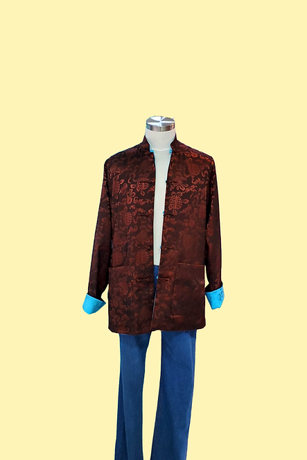 富貴吉祥雙面男士唐裝外套 (啡+湖藍) Reversible Man Jacket (Brown + Lake Blue) V037