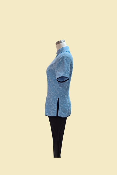 淺藍色小花牛仔拚布上衣  Light blue floral denim patchwork Qipao Top B-034