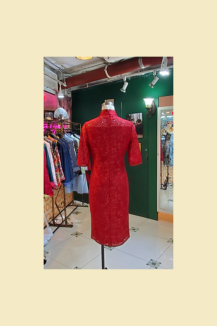 紅色蕾絲中袖短旗袍 Red Lace cheongsam qipao EU-002